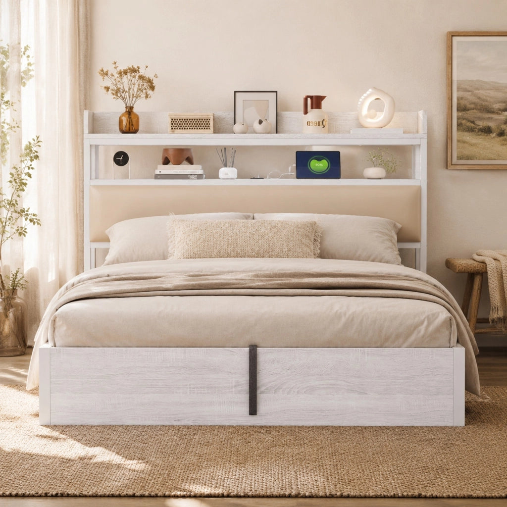 Letto matrimoniale 180x200 cm con contenitore; sollevamento idraulico; USB; testiera imbottita bianco