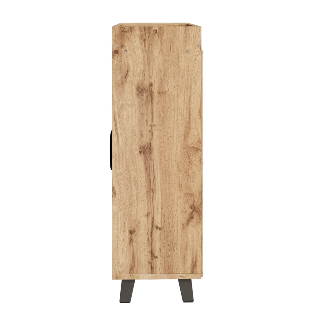 Scarpiera stretta con ante a ribalta e vani aperti; 80x32x99 cm; effetto legno naturale