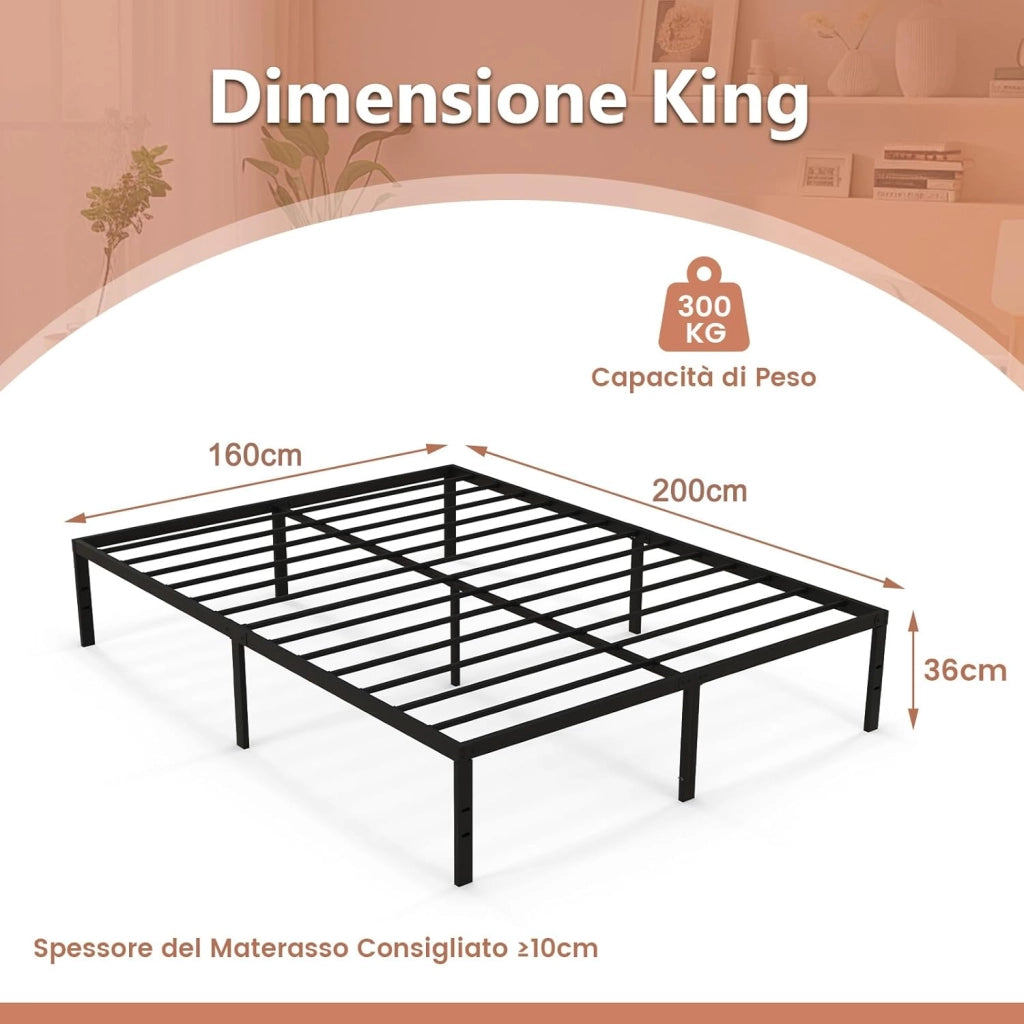 COSTWAY Struttura Letto Matrimoniale in Ferro 160 x 200 cm, Telaio Letto con 9 Piedini Anriscivolo, Supporto di Doghe Resistenti Capacità di 300 kg, con Spazio Sotto il Letto
