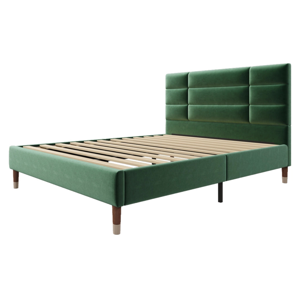 Letto matrimoniale 140x200 cm con rete a doghe; velluto verde; senza materasso