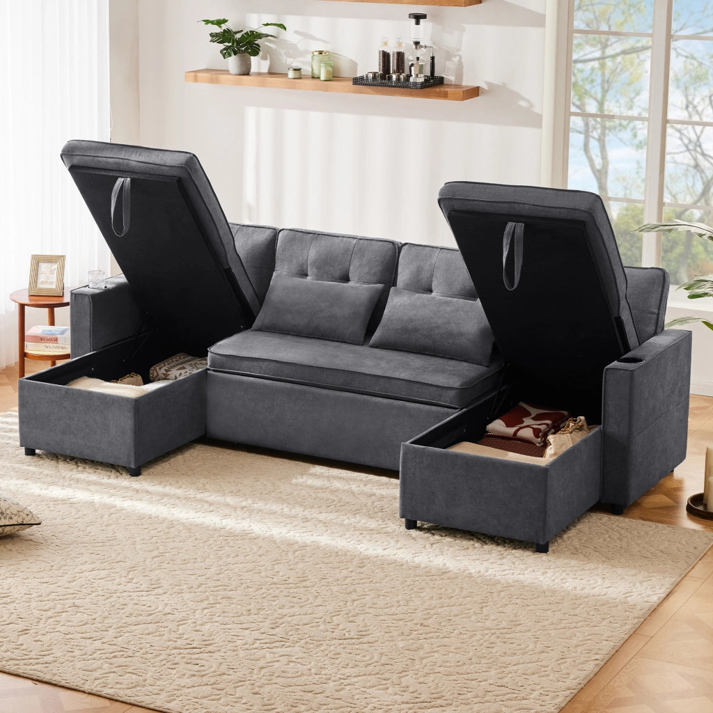 Divano Letto a U con Contenitori; Portabicchieri e Tasche Laterali; in Cotone e Lino; Grigio 270 × 130 × 86 cm