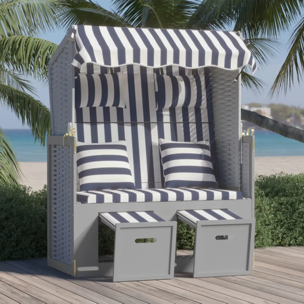 Strandkorb con Cuscini Polyrattan e Legno Massello Blu e Bianco 318660