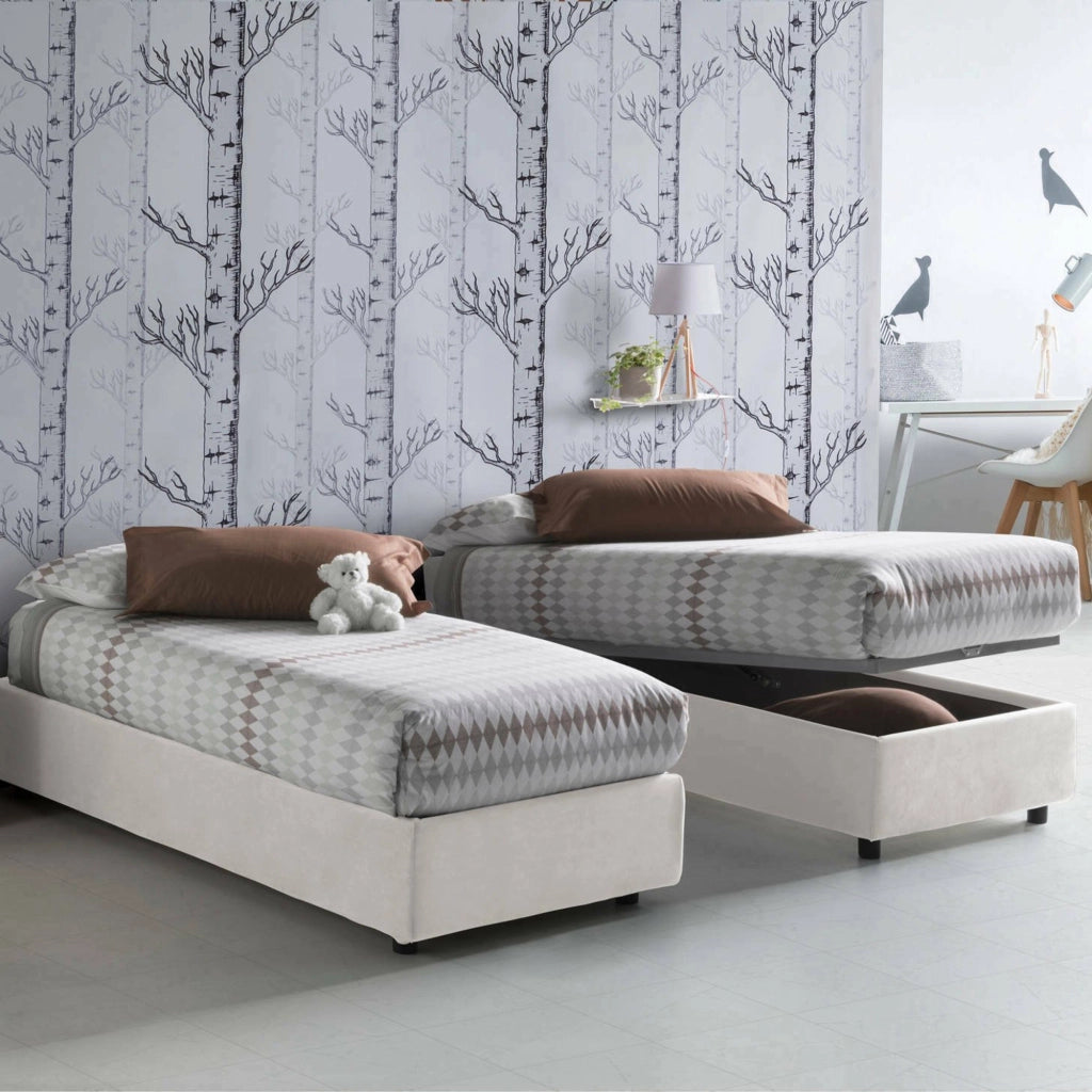 Letto singolo Acetico, Letto contenitore con rivestimento in tessuto, Made in Italy, Apertura frontale, adatto per materasso cm 90x200, Bianco