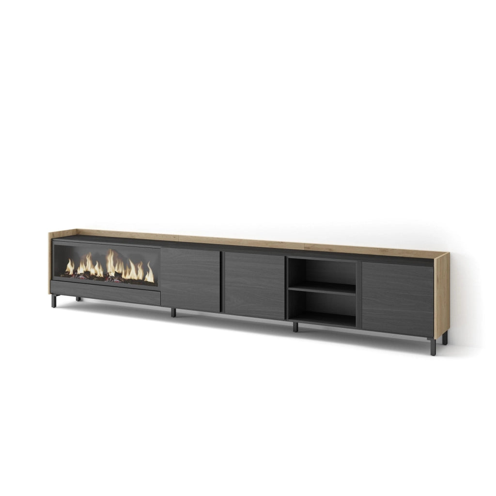 Mobile TV Soggiorno, 315x61x35 cm, Per TV fino a 80", Camino elettrico XXL, Design industriale, Nero e rovere