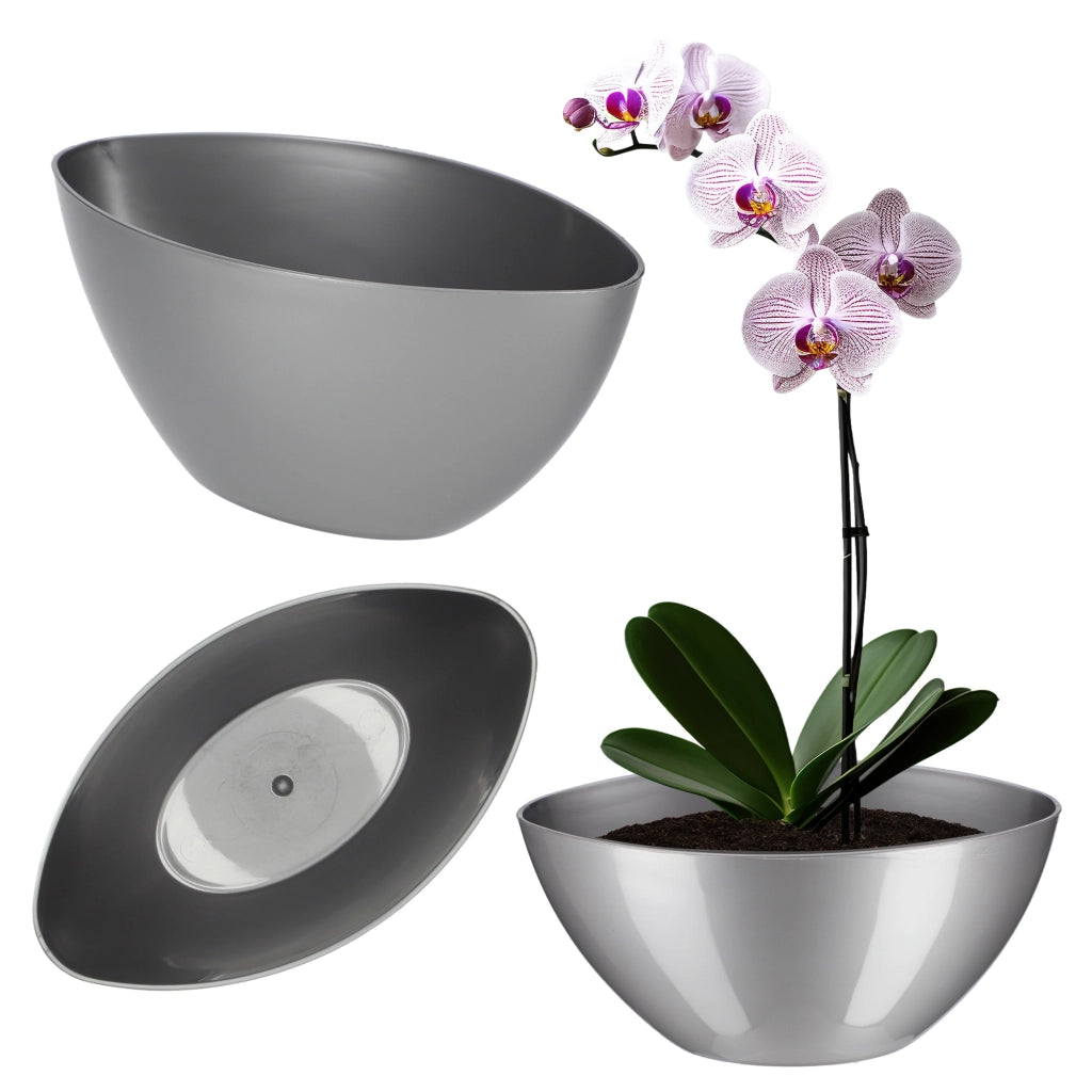 Vaso da fiori KADAX ovale da 38 cm con coperchio in plastica argentata