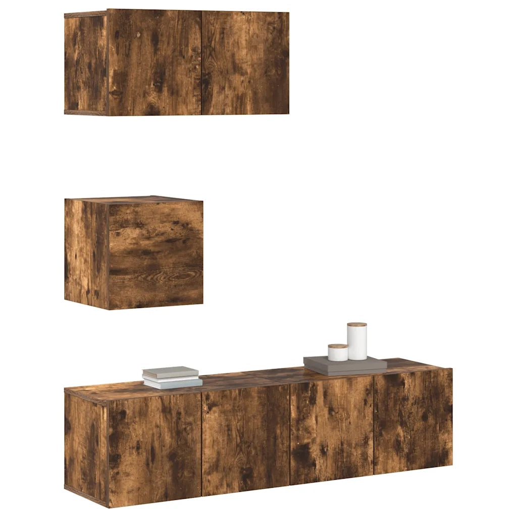 Set di Mobili Porta TV 4 pz Rovere Fumo in Legno Multistrato cod mxl 17127