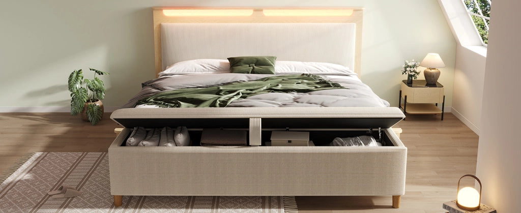 Letto 140x200 cm con contenitore e LED in legno e corduroy beige