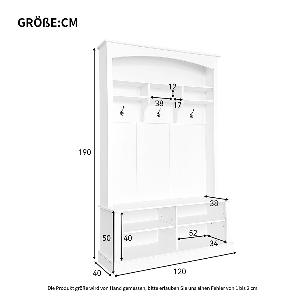 Armadio con panca e scarpiere - Xylo - H190xL120xP40 cm - Bianco - 3 ganci e ripiani