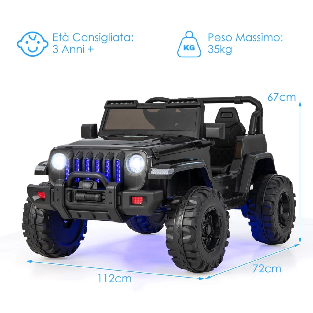 Jeep per bambini alimentata a batteria 12V con 2 posti e telecomando musica porta USB, Auto elettrica Nero-Macchinine giocattoli