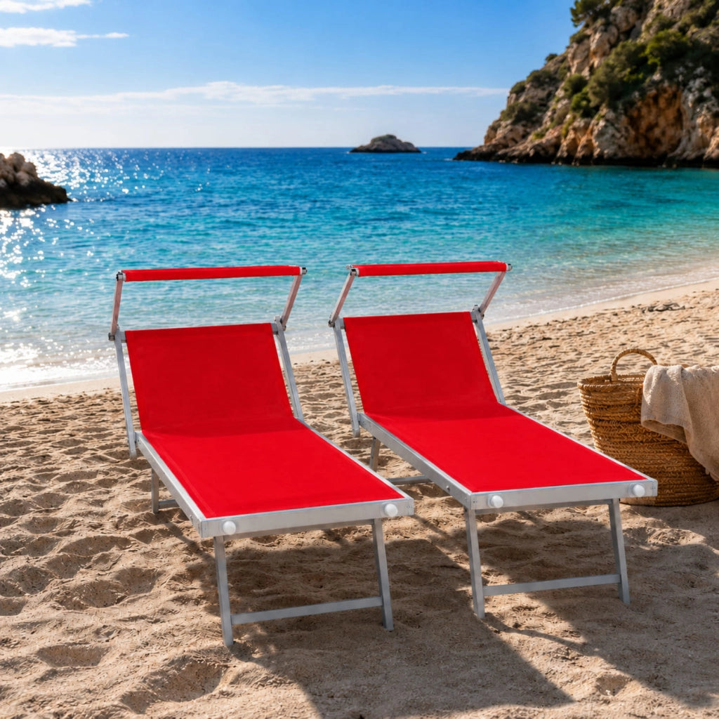 Set 2 Lettini Prendisole Pieghevoli Professionali In Alluminio Leggero Con Tettuccio Parasole Regolabile Sdraio Relax Mare Spiaggia Piscina Giardino Terrazza 182 x 60 x 38 Cm Rosso