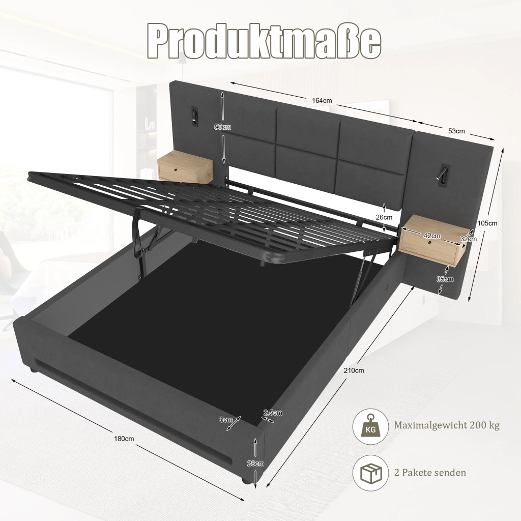 Letto contenitore 180 × 200 cm con cassetti nella testiera, LED, USB Type-C, senza materasso, in velluto, grigio scuro