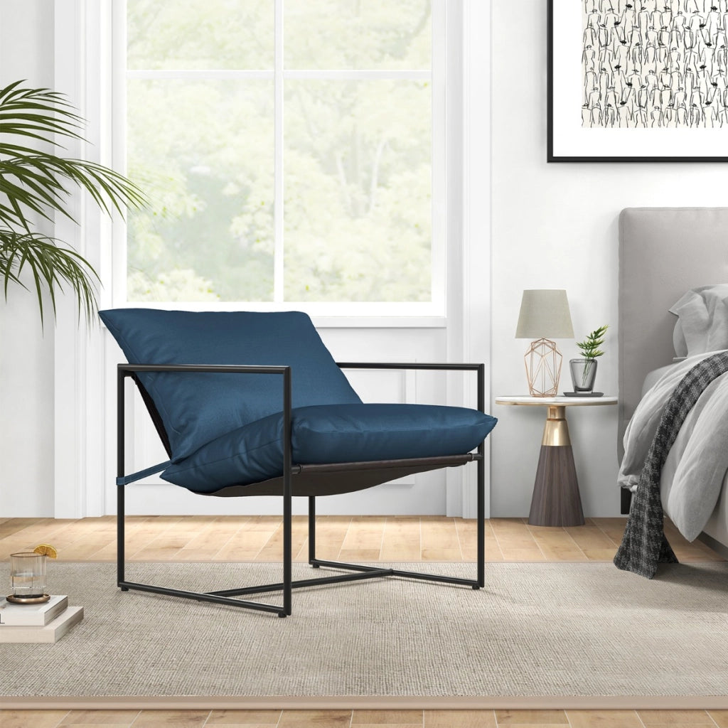 Set di 2 sedie a sdraio sling con cuscini per sedile schienale telaio metallico, Poltrone da interno moderne Blu scuro-Sedie e poltrone