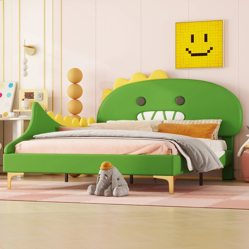 Letto basso per bambini verde con forma di dinosauro in PU 140x200 cm