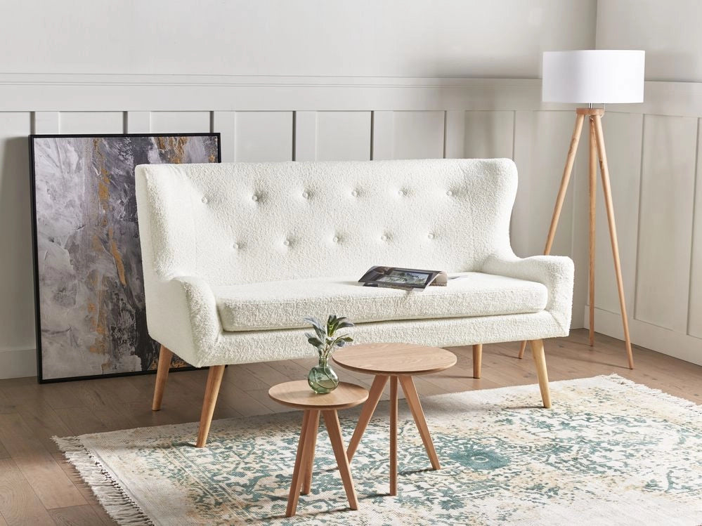 Divano da cucina Tappezzeria in poliestere bouclé bianco a 2 posti Wingback con gambe in legno chiaro