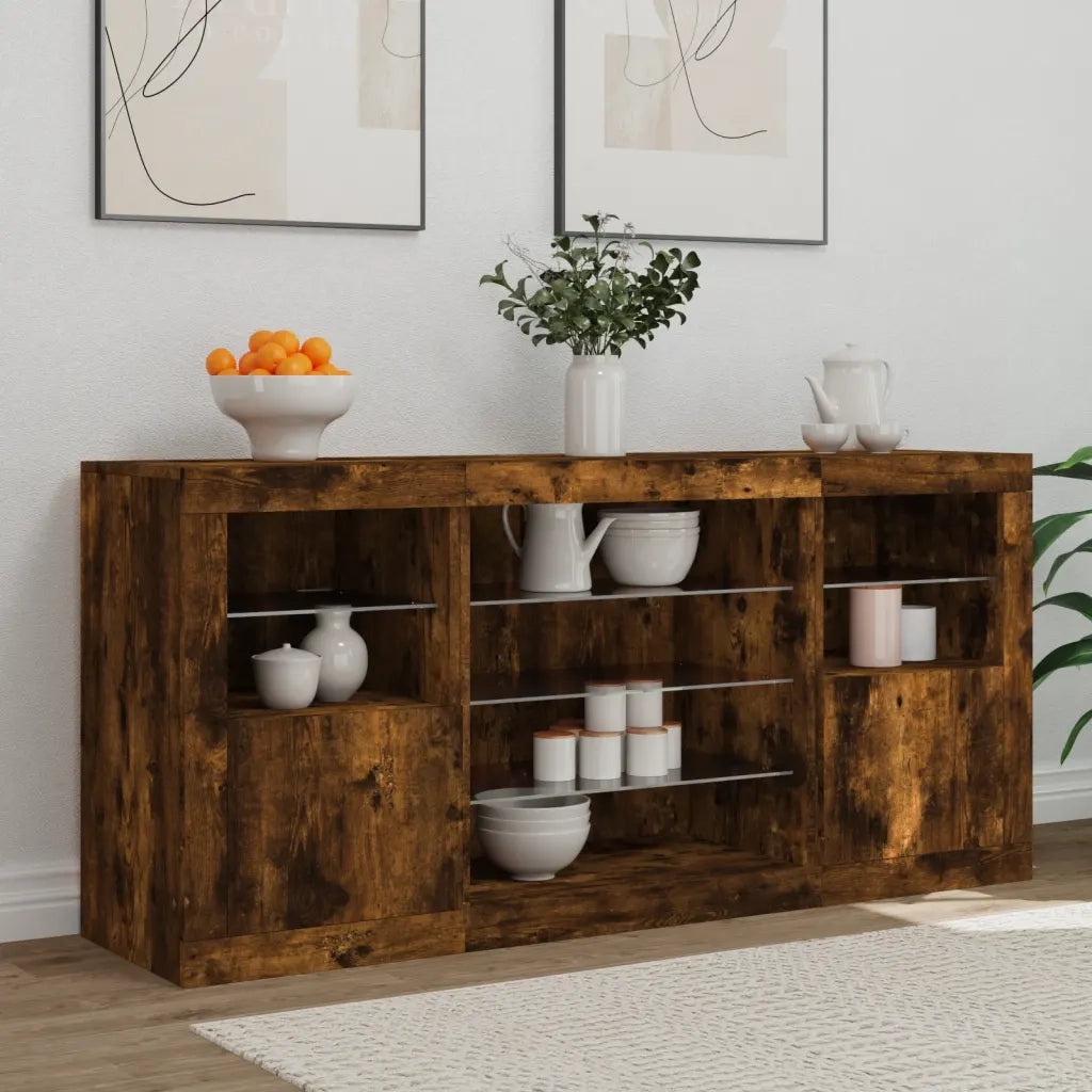 Credenza con Luci LED Rovere Fumo 142,5x37x67 cm 3209090