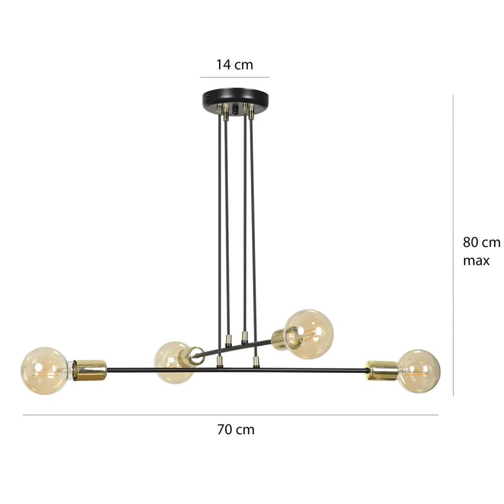 Lampadario Industrial 4 Luci Benzaiten A Bracci In Acciaio Nero E Oro