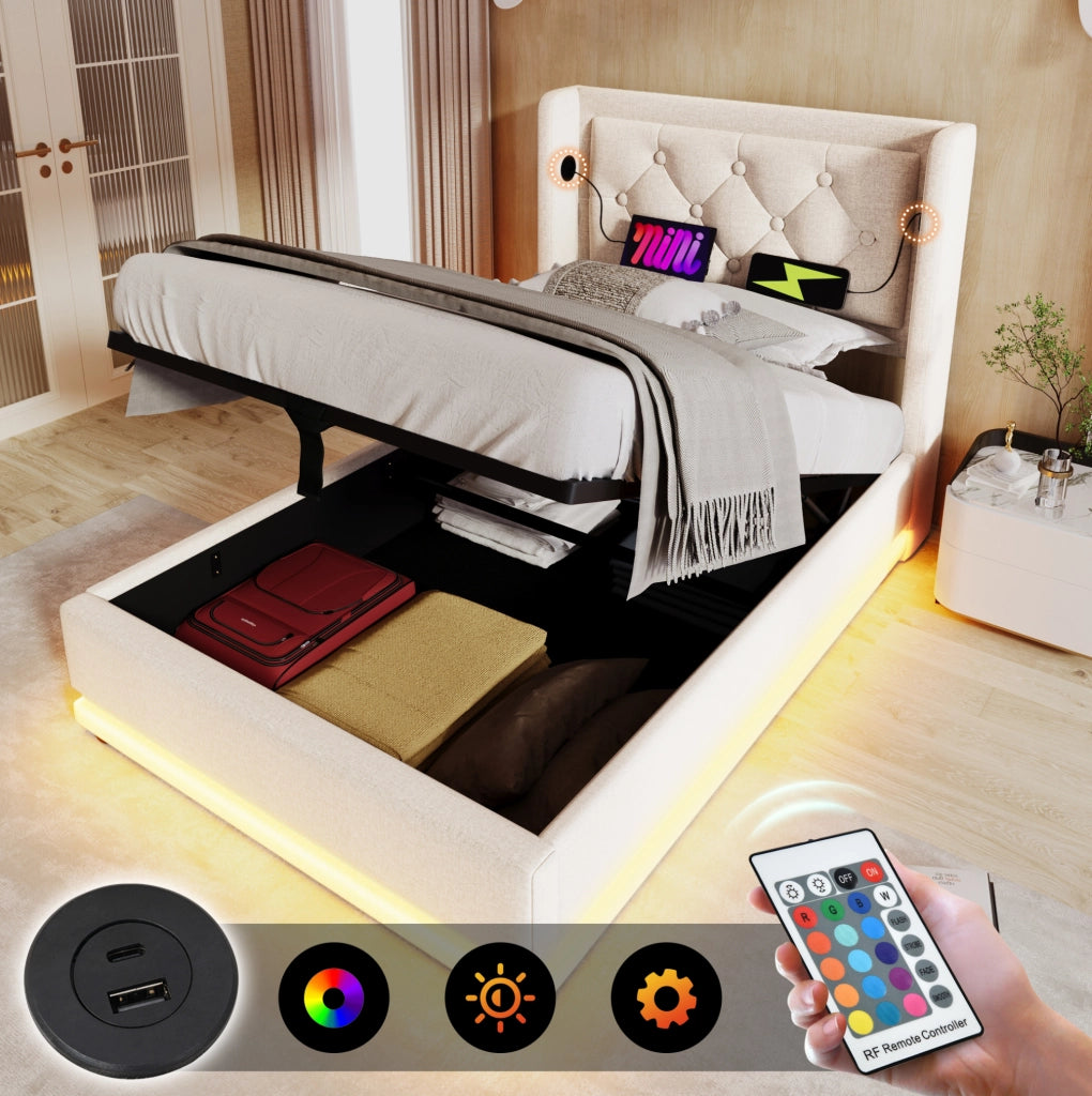 Letto singolo contenitore 90x200 beige con materasso, LED USB-C