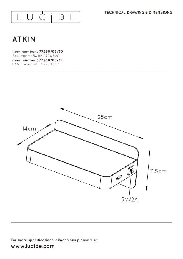 Applique Lucide Atkin LED 5W 2700K metallo nero/bianco