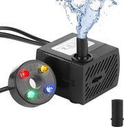 Mini pompa ad acqua con luci LED per giardino e acquari - 350 l/u, 3,5 W, pompa a doppio effetto con getti d'acqua