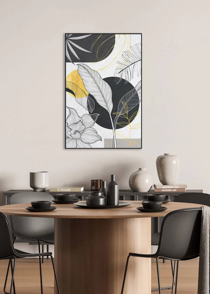 Quadro Hispanohogar in poliestere foglie nero bianco e dorato 92x62