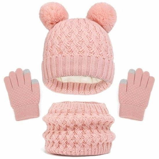 Set di cappelli e guanti 3 pezzi - Cappelli - guanti - guanti per donne - bambini - copricapo a maglia calda per toccare schermo guanti - accessori invernali per ragazze e ragazzi 2-8 anni - abbigliamento per sciare attività all'aperto - rosa