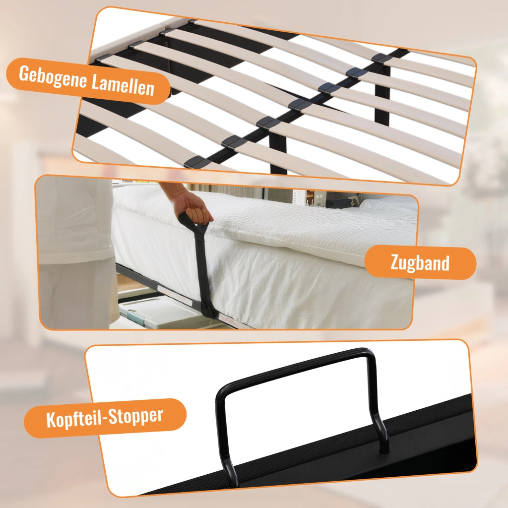 Letto imbottito di dimensioni 160x200 cm con sistema di carico idraulico e lenzuola grigie