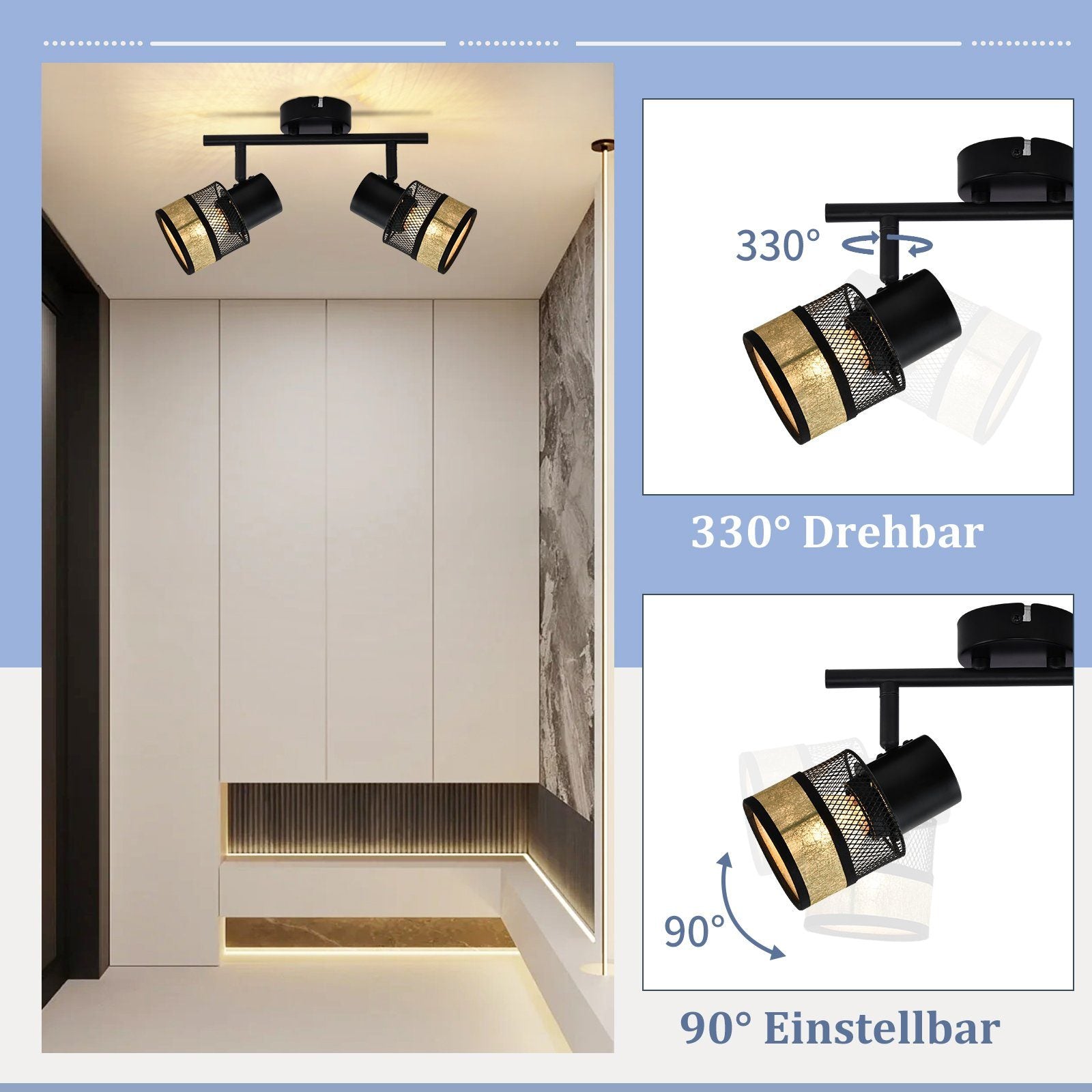 ZMH Faretto da soffitto neri 2 luci E27 metallo retrò 330° paralume tessuto dorato max 25W per corridoio