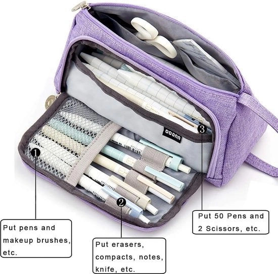 Organizzatore di scrittura multifunzionale con grande capacità in tela premium, zaino per penne per ragazze e donne, lilla, unico modello