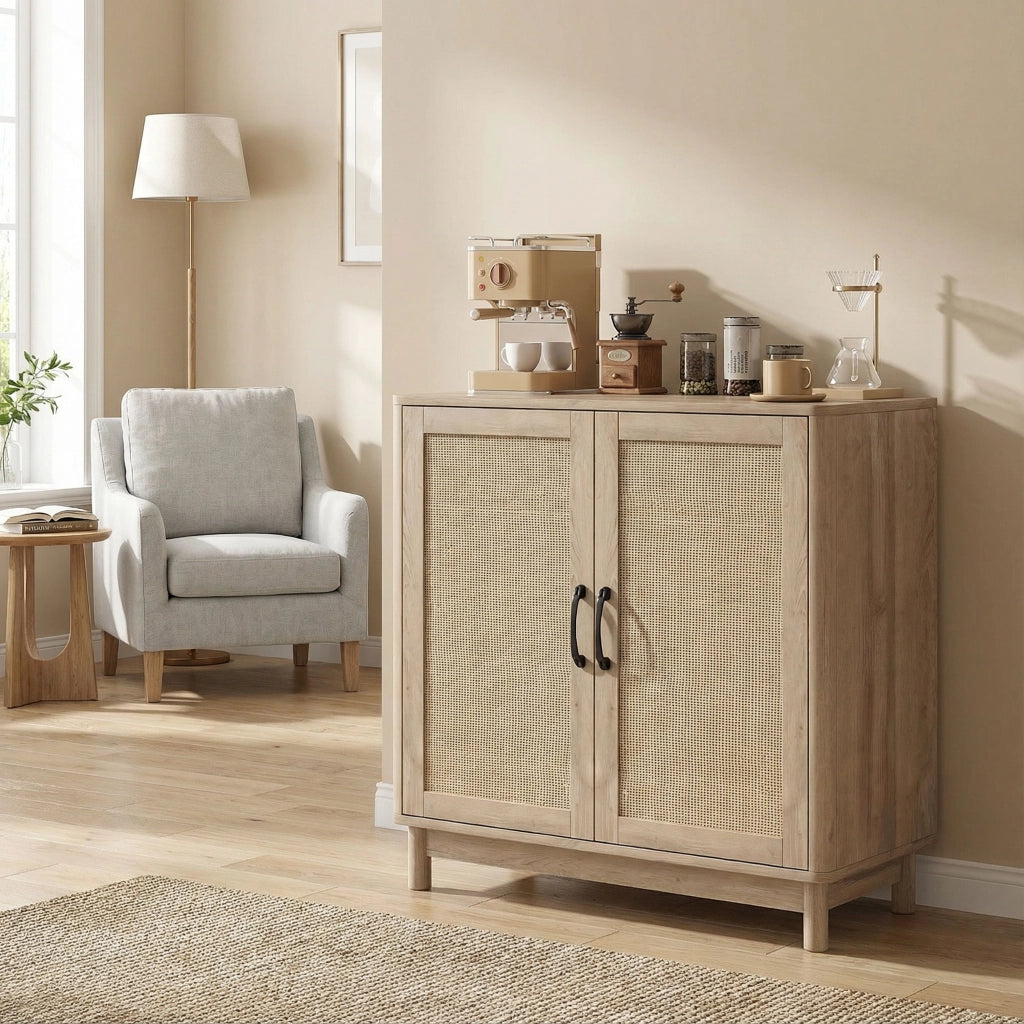 Armadio da soggiorno con ante in rattan e ripiani regolabili ¨C zephmum ¨C 76x35x75,5 cm, quercia