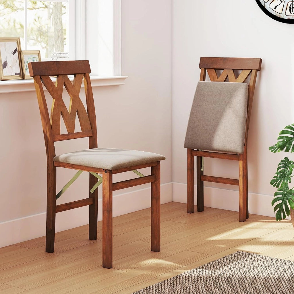 Set di 2 Sedie Pieghevoli, Sedie Ergonomiche di Gomma Senza Braccioli con Struttura in Legno di Gomma, Seduta Pieghevole da Pranzo con Schienale Curvo per Ristorante, Portata 150 kg (Marrone)