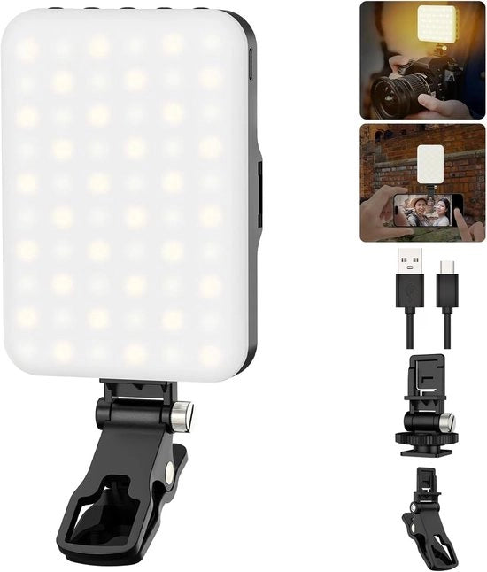 LED Camera Verlichting Portatile - 60 LED con Batteria Ricaricabile 2200mAh, 7 Modelli, 10 Livelli di Brillantezza, Clip per Telefono/Tavola/Laptop