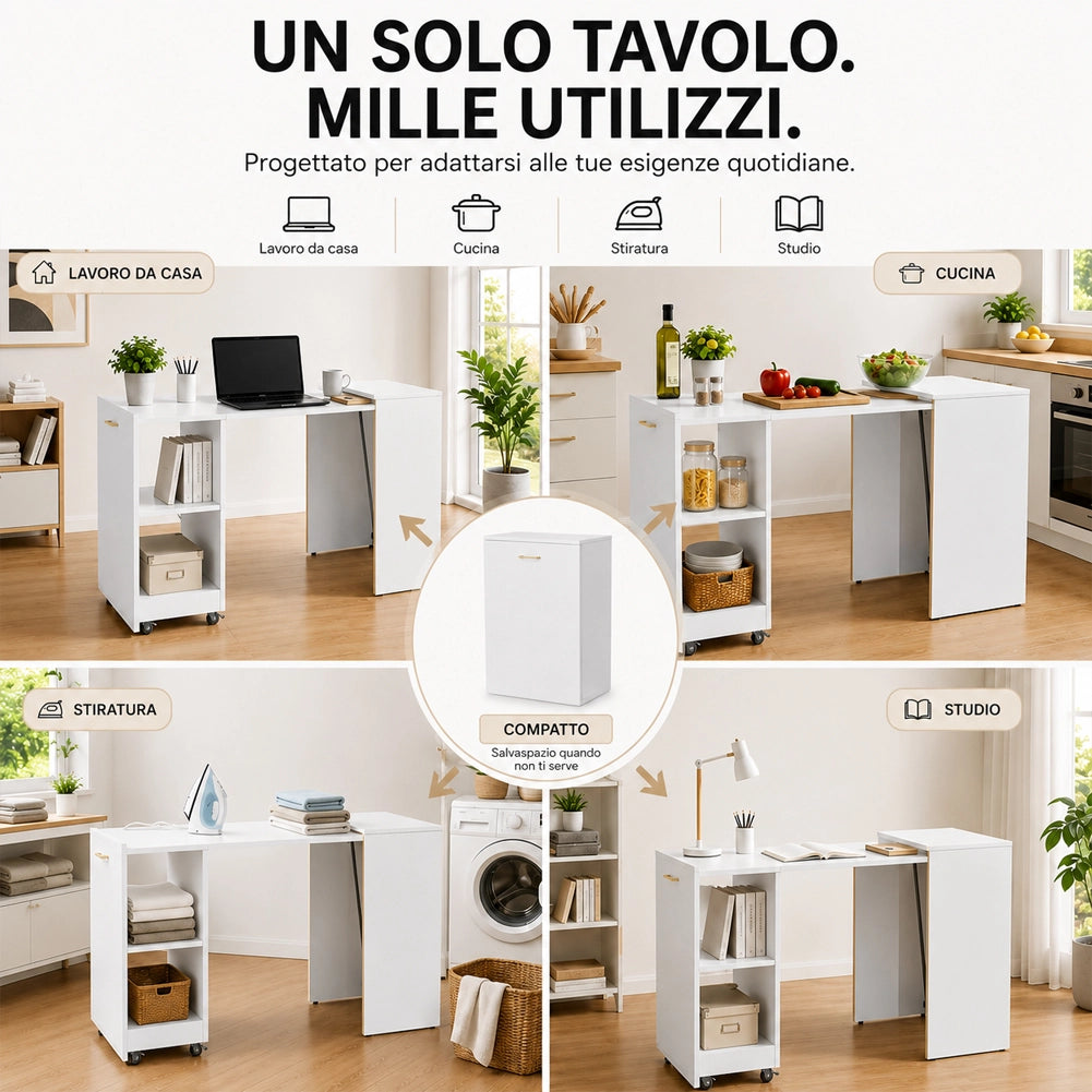 Mobile con Tavolo Scomparsa Bianco Frassinato Richiudibile Salvaspazio Scrivania