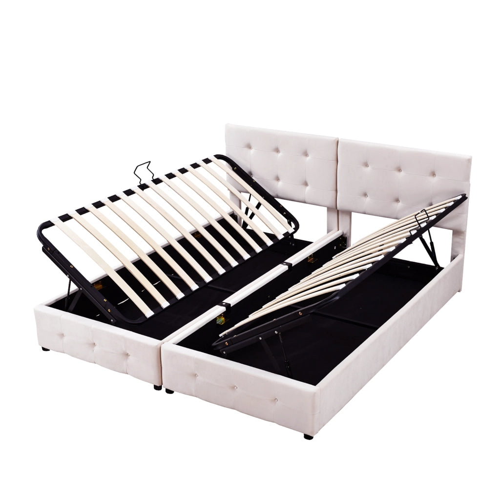 OKWISH Letto Contenitore 180×200 cm, Letto Matrimoniale con Sollevamento Idraulico, Testiera Regolabile e Convertibile, senza Materasso, Beige