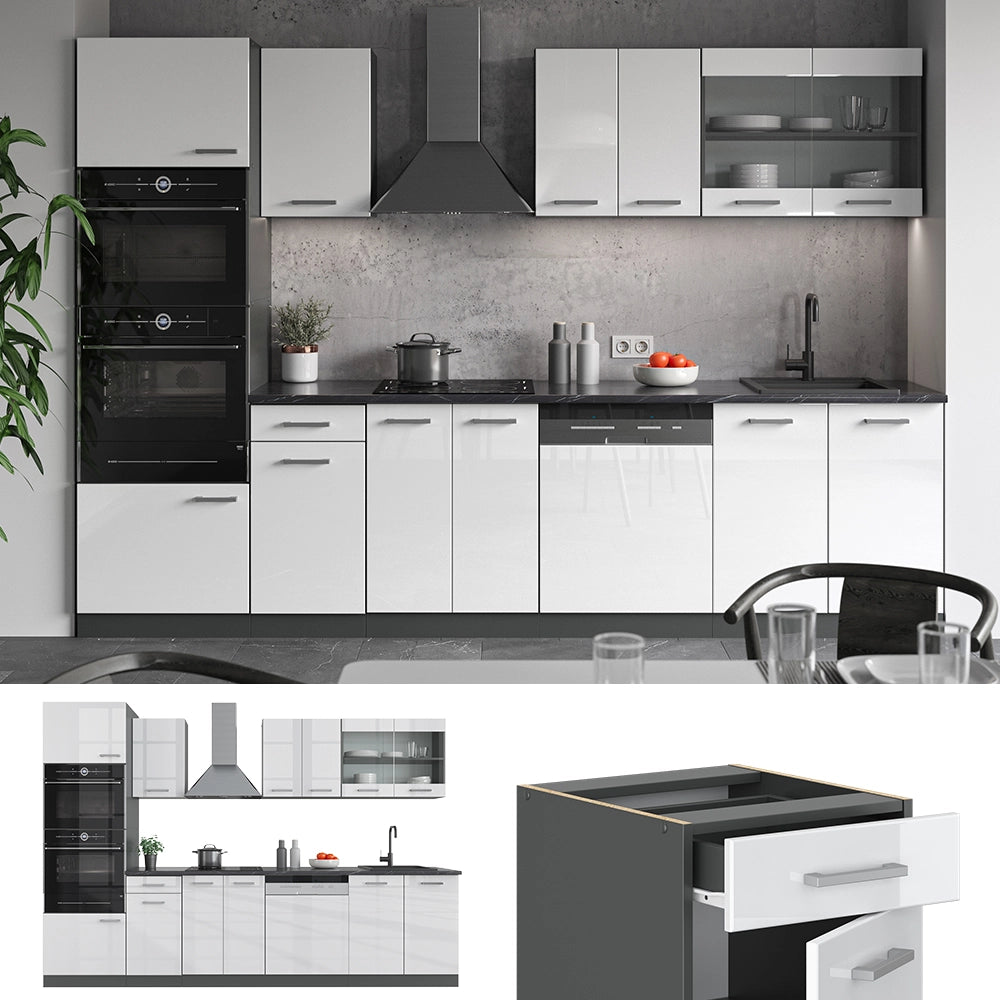 Vicco Cucina componibile Bianco lucido/antracite 300 cm con armadio alto, PL Rovere