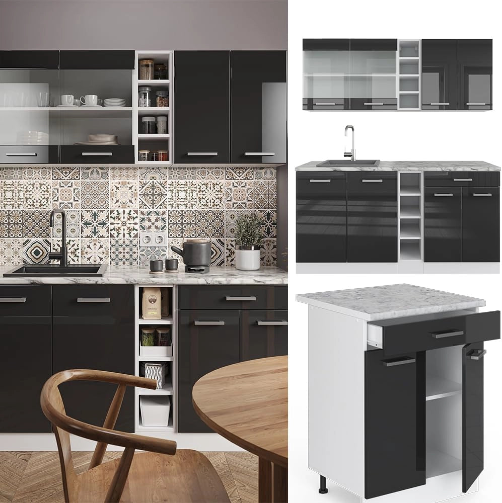 Cucina completa R-Line, Antracite lucido/bianco, 160 cm Senza piano di lavoro, con disposizione flessibile dei moduli ed espandibile