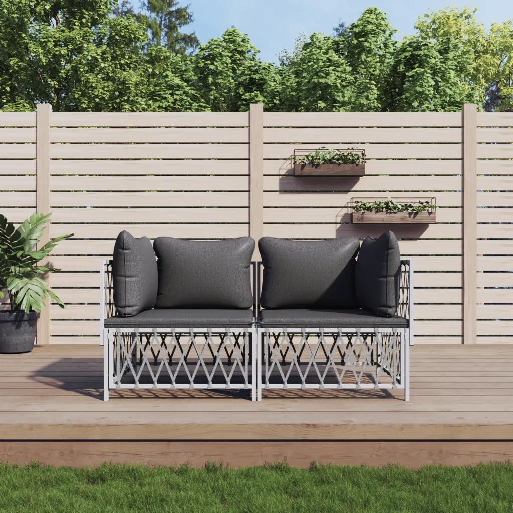 Set Salotto da Giardino 2 pz | Set di Mobili da Esterno con Cuscini in Acciaio Bianco