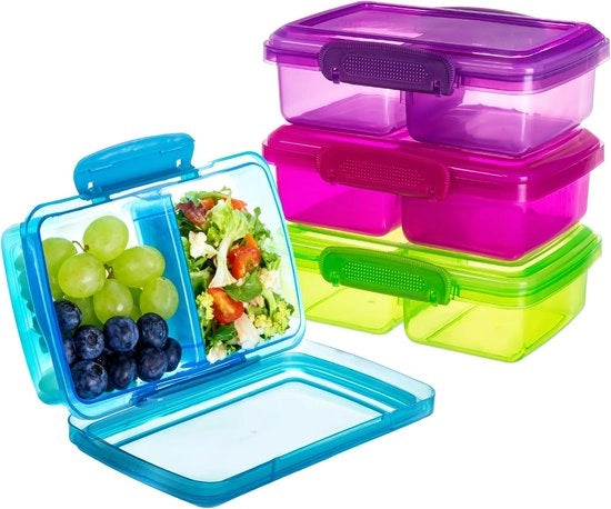 Quadripacco di Scatola di Snack per Bambini con 2 Cassetti - Scatola Bento Riciclabile, Leggera e Stivabile - Sicura per Lavastoviglie e Frigorifero