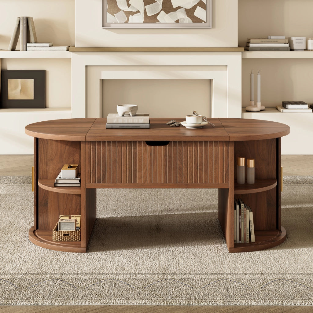 Tavolino Da Salotto Alzabile Ovale con 2 Ante Scorrevoli e Ripiani Aperti; Stile Moderno Retrò; in MDF; 100×50×40;5 cm; Noce