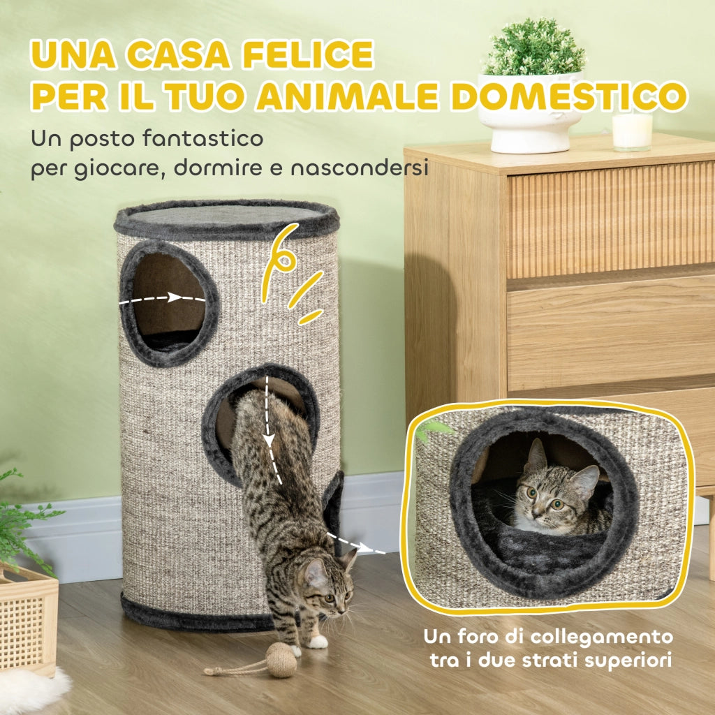 Cuccia per Gatti a 3 Livelli Ø38x70cm con Tiragraffi in Sisal e Peluche Grigio