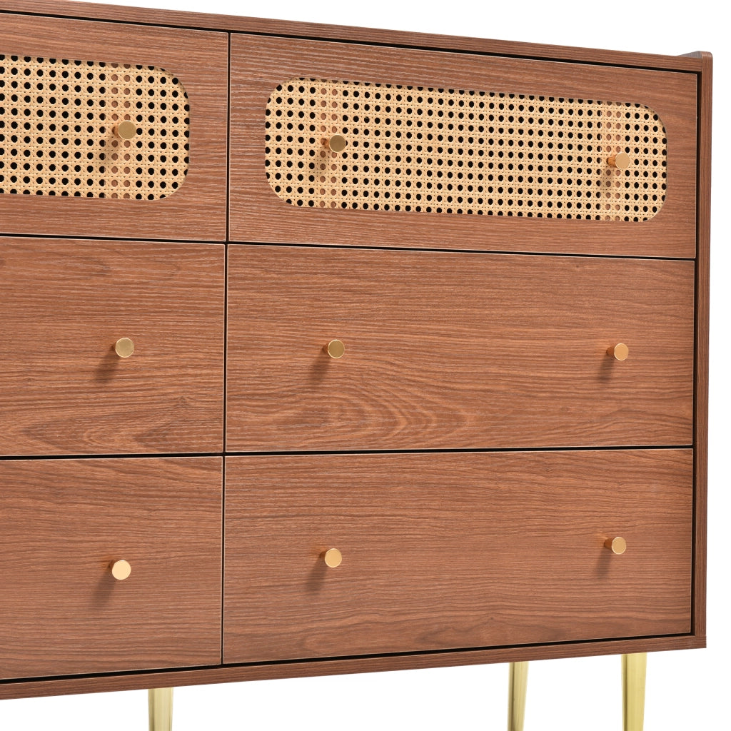 Comò a 6 cassetti effetto noce con dettagli in rattan; 120x40x90 cm; legno e metallo