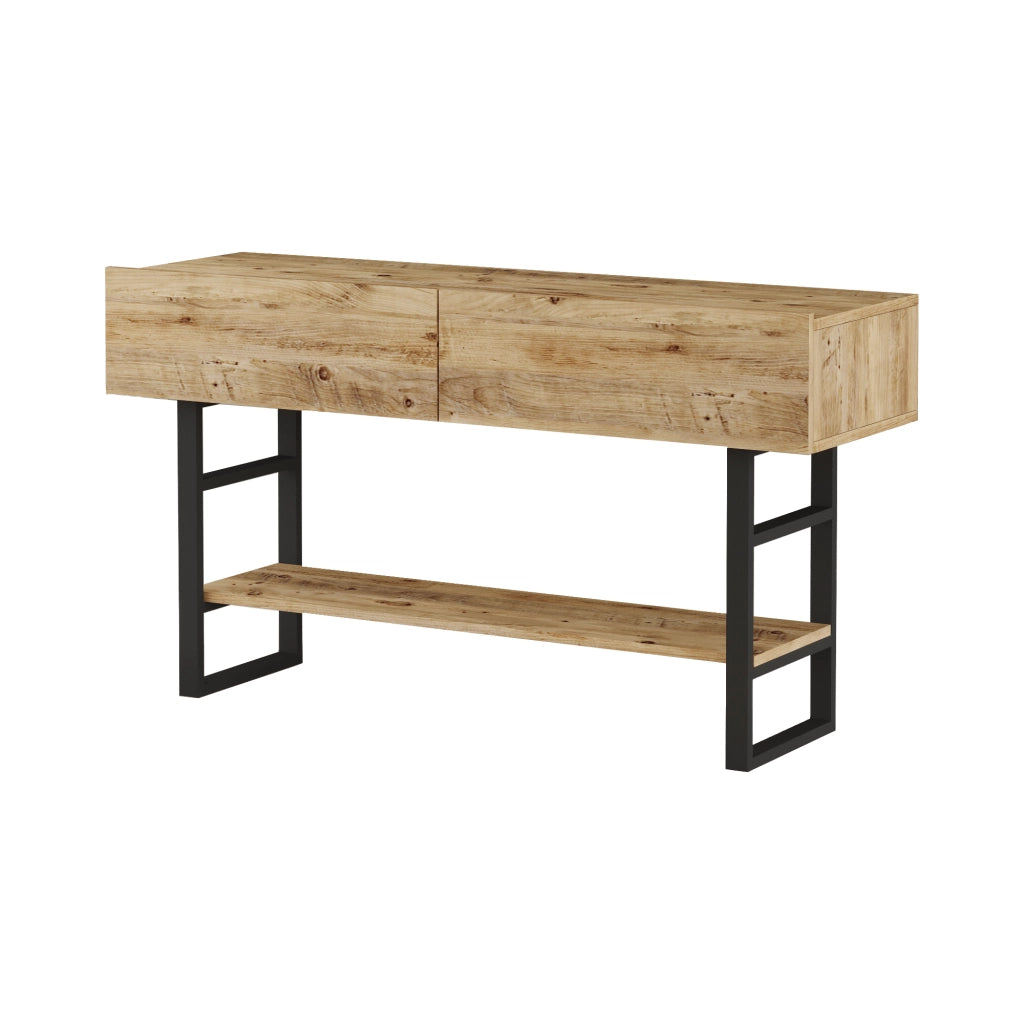 Tavolo Consolle Lappeenranta Mobile Contenitore con Ante a Ribalta 76x139x43 cm Effetto Rovere Rustico/Nero [en.casa]