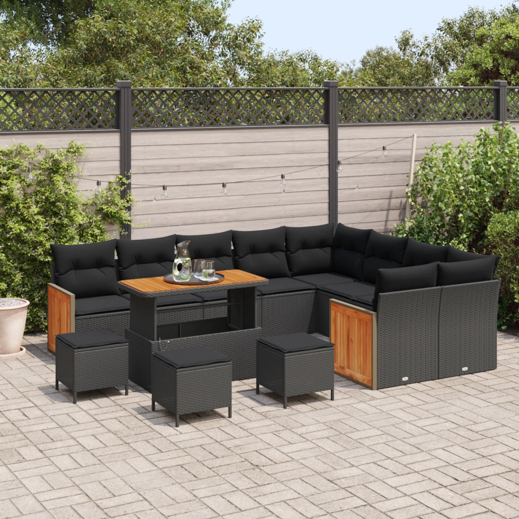 Set Divano da Giardino 13 Pezzi con Cuscini Nero Polirattan Acacia