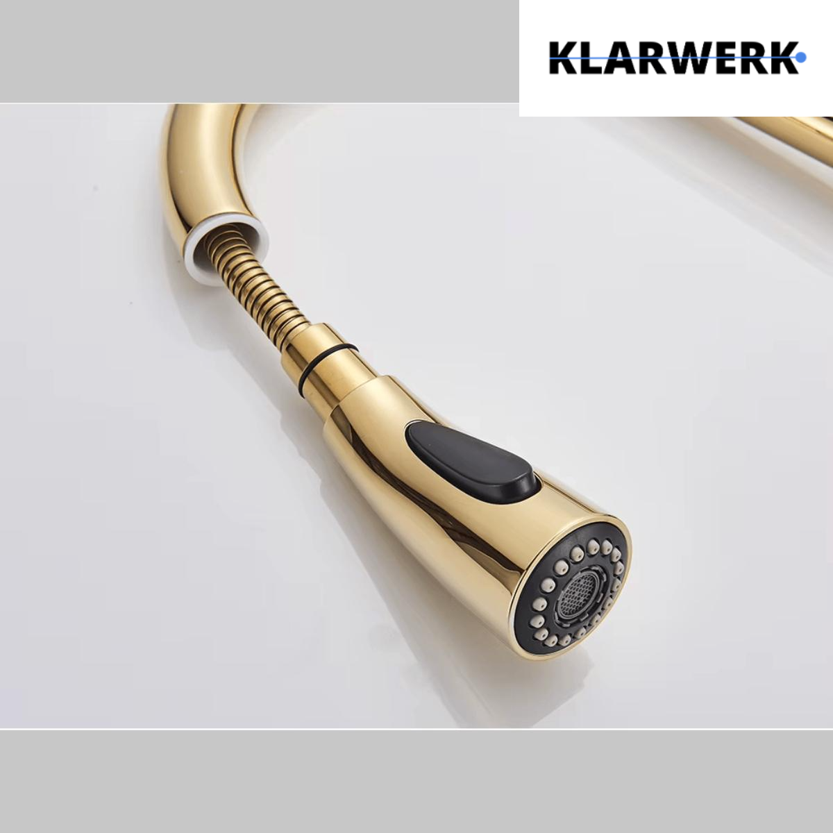 NAVIS | Elegante rubinetto cucina estraibile in acciaio inox dorato, arco alto, miscelatore di lusso, alta pressione, 360°, 2 attacchi