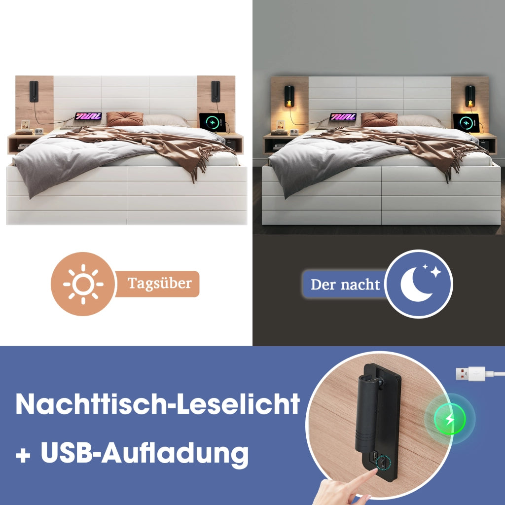 DESMIU Letto matrimoniale 140 × 200 cm con 2 cassetti, USB, lampada da lettura e 2 comodini, senza materasso