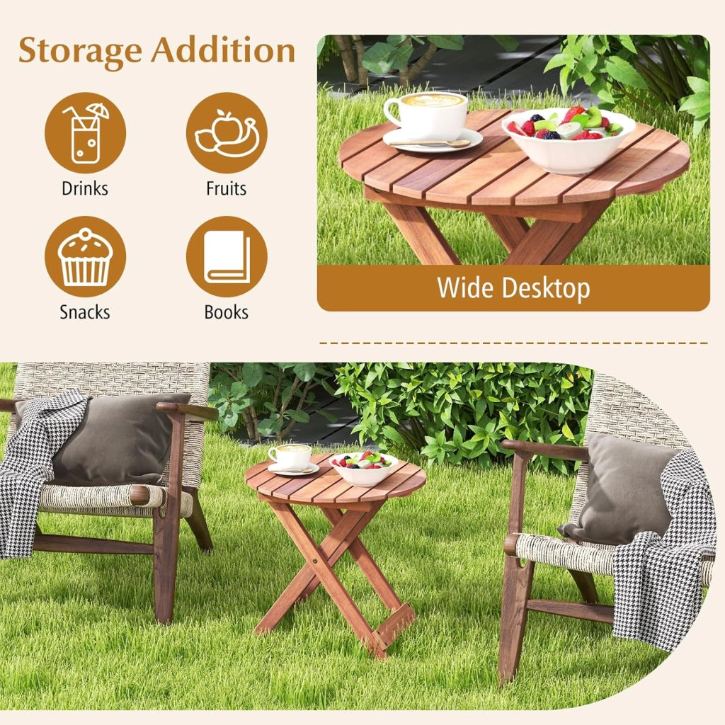 Tavolino in legno di acacia con piano rotondo, punta del divano robusta con gambe incrociate a forma di X, adatto per soggiorno, camera da letto, balcone, esterno, naturale (46 x 45)