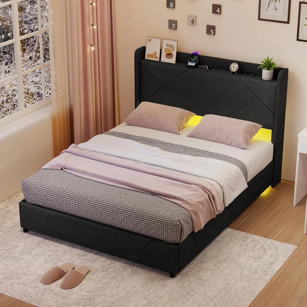 Telaio Letto Matrimoniale 160 x 200 cm con Illuminazione a LED, Presa e Stazione di Ricarica, Telaio Imbottito con Rete a Doghe, 4 Cassetti Pieghevoli e 2 Tasche, Grigio