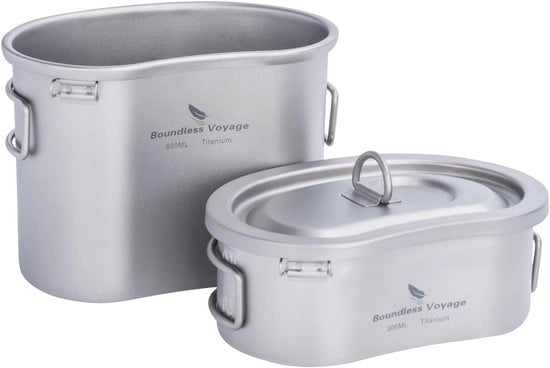 Set di Cucina da Campeggio Leggero in Titanio con Coperchio e Catena da Appendere - 300ml e 600ml