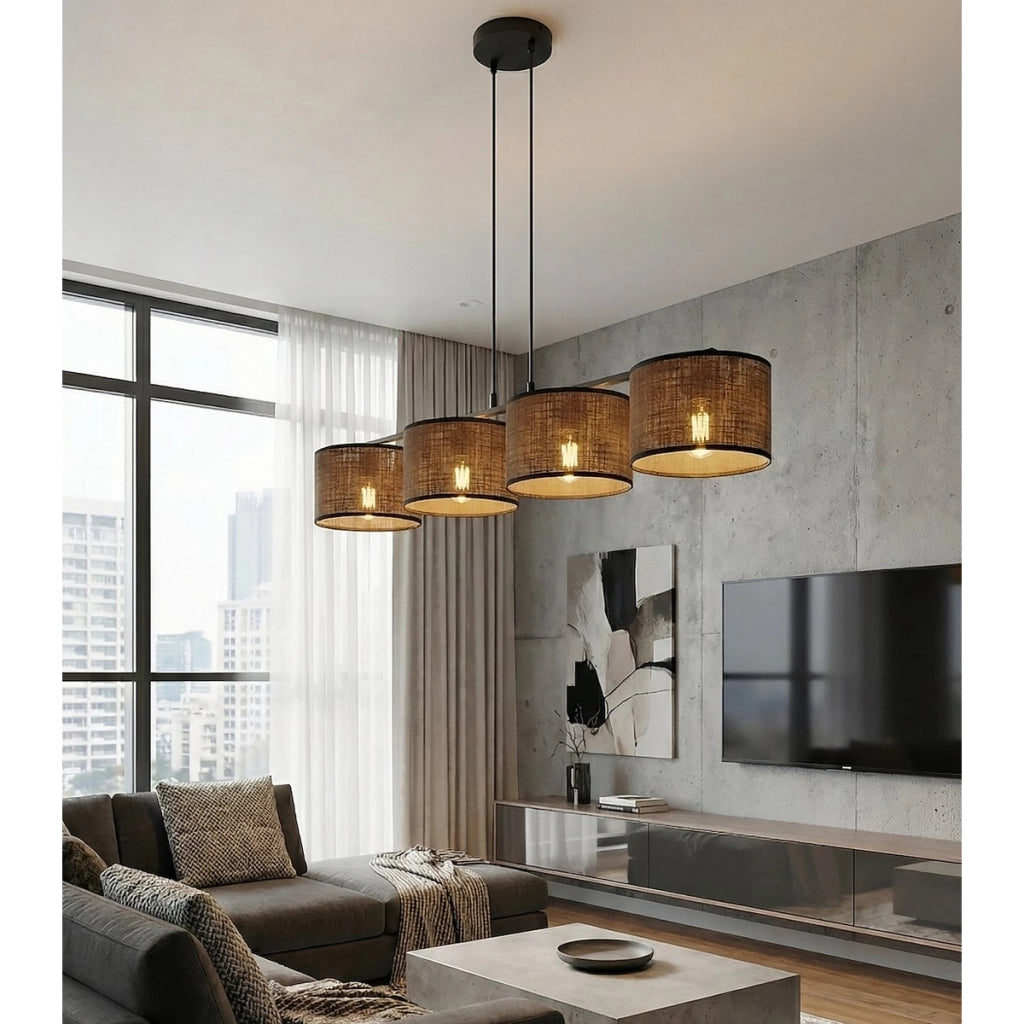 Lampada a sospensione ECO a 4 luci in acciaio nero e tessuto marrone