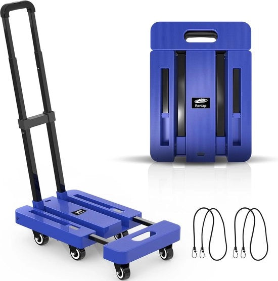 Carrello pieghevole - Carrello pieghevole con 6 ruote - 2 cavi elasticizzati - Carrello robusto con capacità di 225 kg - Per il trasporto di bagagli, colore blu
