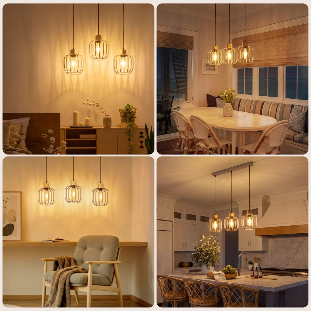 ZMH Lampada a Sospensione 3 Luci Grigio Legno E27 Moderna per Cucina Isola Soggiorno Camera Senza Lampadina
